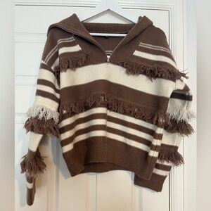 Brown and Cream Striped Sweater with Fringe